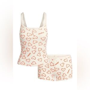 SKIMS Heart Print Pajama Set - Cream and Red